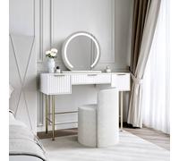 CARME HOME Lara Dressing Table with Elsie LED Mirror- White & Lottie Bouclé Stool CARME HOME White