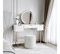 CARME Home Lara White Dressing Table With Elsie Led Mirror & Hailey Bouclé Storage Stool