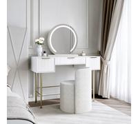 CARME Home Lara White Dressing Table With Elsie Led Mirror (White Base) & Lottie Bouclé Stool