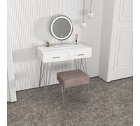 CARME Home Olivia Dressing Table With Stool Set - Makeup & Vanity Desk With Touch Sensor Led Light, Round Mirror, Drawers - White