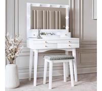 CARME HOME Taylor Dressing Table with Hollywood Mirror LED Lights Glass Tabletop Storage Stool Set in White CARME HOME White