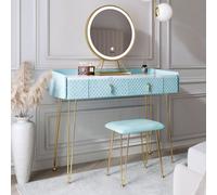 CARME Home Tokyo Glow Baby Blue Velvet Dressing Table With Led Touch Sensor Mirror