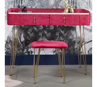 CARME Home Tokyo Glow Upholstered Quilted Velvet Dressing Table With 2 Drawers Jewellery Makeup Storage Cushioned Stool Set (Raspberry)