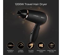 Carmen C80020COP Noir Lightweight Travel Hair Dryer with Concentrator Nozzle and foldable handle, 1200W, Black and Copper