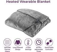 Carmen C81149GRY Core Heated Wearable Washable Blanket 4 Heat Settings