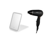 Carmen Hair and Beauty Set, Noir II Travel Hair Dryer with Concentrator Nozzle, Black & Rechargeable Travel Cosmetic Mirror with Adjustable LED Lights, White, C80020COP & C85045WHT