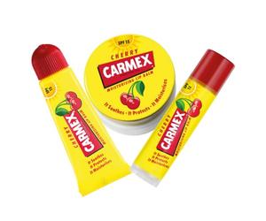 Carmex Cherry Lip Balm Set - Hydrating Summer Lip Care with SPF 15 | Stick, Pot & Tube | Smooth & Soothe Lips All Season | Travel-Friendly (3-Pack)