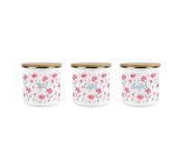 Carnation Flowers Tea, Coffee & Sugar Storage Canisters Set - Pink & Blue Floral Kitchen Housewarming Gifts - White Metal Enamel Medium Sized Kitchen Food/Drinks Storage Containers Pack of 3