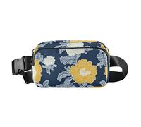 Carnation Lace Mustard Yellow and Denim Blue Cute Fanny Pack Waist Bag for Women Men Teenagers Small Belt Bag with Adjustable Strap for Travel Running Hiking