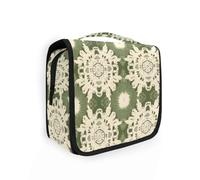 Carnation Lace Olive Green and Sand Cosmetic Bags with hanging hook Zipper Toiletry Bag For Women with Compartments & Handle