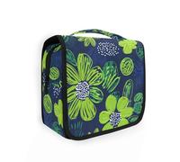 Carnation Lime Green and Navy Blue Cosmetics Bag with hanging hook Zipper Toiletry Bag For Women with Compartments & Handle
