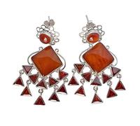 Carnelian & Red Quartz Earrings - Round & Triangle Cabochons, 925 Sterling Silver, Bezel Set, Bold 57mm Long Statement Earrings