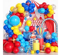 Carnival Circus Balloon Garland Arch Kit, Matte Red Yellow Pastel Blue Primary Color Confetti Rainbow Multicolor Balloon Arch Kit with Star Foil Balloons for Kids Birthday Carnival Party Decorations