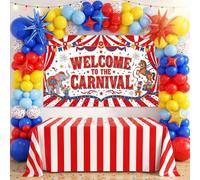 Carnival Circus Party Decor Kit: 127pcs Set - Balloon Arch Garland, Red White Striped Tablecloth & Welcome Backdrop Banner for Themed Gathering, Festival, Birthday Celebration & Holiday Party Supplies
