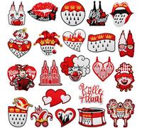 Carnival Collection Iron on Patches, Red and White Heart Shaped Embroidered Decorative Appliques with Clown and Castle Designs, 3.2-8.2 cm