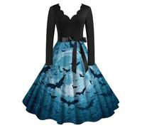 Carnival Costumes Woman Blue Womens Halloween Tea Dress Pumpkin Printed Heart Shaped Neck Long Sleeve A-Line Bow Waist Cocktail Party Retro Halloween Vintage Rockabilly Swing Dresses