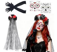Carnival Headband and Veil Face Tattoo, Dia de los Muertos Mexican Headband Black Red Flowers Crowns, Day of the Dead Hair Accessories, Carnival Fancy Dress Halloween Women's Costume Accessories