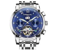 Carnival Mens tourbillon Automatic Mechanical Watch Silver Stainless Steel Multifunction Blue Watches, Silver/Blue, 41 mm, Self-winding