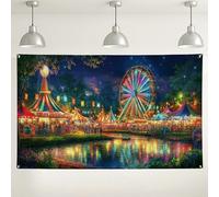 Carnival Night Scene Backdrop, Colorful Festival Fair Photography Background, Fun Outdoor Party Decorations for Summer Events, Artsy Amusement Park Picture Booth Supplies 71x43 Inch