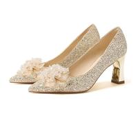 Carnival Sequins with Matching Shoes Bride's Wedding Shoes Shallow Mouth Pointed Crystal Main Wedding Dress High Heels Not Tiring Feet Thick Matching High Heels-11 Gold