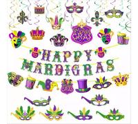 Carnival Theme Decorations 30 Pcs Mardi Gras Decorations Kit - Purple Green Gold Fat Tuesday Party Supplies Set for Carnival Theme