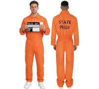 Carnivals Mens Prisoner Costume Orange Convict Suit Orange Prison Jumpsuit with Tattoo Stickers Criminal Costume Jail Overall Dress Up Outfit Adult Mens Women Carnivals Halloween Party Fancy Dress