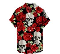 CARNOBA Hawaiian Shirt for Men Retro Horror Skull 3D Printed Blouse Loose Lapel Button Down Short Sleeve T Shirts Gothic Skeleton Printed Beach Shirt Streetwear Top