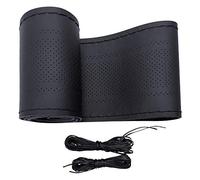 Carodi Universal Leather Steering Wheel Cover Hand Stitched Breathable Anti Slip DIY Leather Steering Wheel Cover （Black）