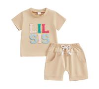 Carolilly 2 Pcs Brother Sister Matching Outfis, Lettres Printed Crew Neck Short Sleeve T-Shirt + Elastic Waist Shorts (Khaki LIL, 12-18 Months)