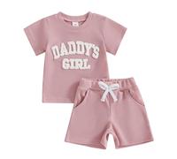 Carolilly 2Pcs Baby Girl Spring Summer Outfits Clothing Sets Daddy's Girl Fuzzy Letter Embroidery Short Sleeve Tops+ Shorts Set Toddler Clothes Sets (Light Pink, 6-12 Months)