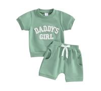 Carolilly 2Pcs Baby Girl Spring Summer Outfits Clothing Sets Daddy's Girl Fuzzy Letter Embroidery Short Sleeve Tops+ Shorts Set Toddler Clothes Sets (Green, 18-24 Months)