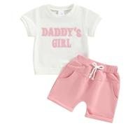 Carolilly 2Pcs Baby Girl Spring Summer Outfits Clothing Sets Daddy's Girl Fuzzy Letter Embroidery Short Sleeve Tops+ Shorts Set Toddler Clothes Sets (Pink White, 6-12 Months)