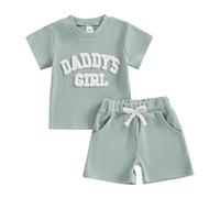 Carolilly 2Pcs Baby Girl Spring Summer Outfits Clothing Sets Daddy's Girl Fuzzy Letter Embroidery Short Sleeve Tops+ Shorts Set Toddler Clothes Sets (Light Green, 6-12 Months)
