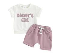 Carolilly 2Pcs Baby Girl Spring Summer Outfits Clothing Sets Daddy's Girl Fuzzy Letter Embroidery Short Sleeve Tops+ Shorts Set Toddler Clothes Sets (Purple White, 18-24 Months)