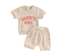 Carolilly 2Pcs Baby Girl Spring Summer Outfits Clothing Sets Daddy's Girl Fuzzy Letter Embroidery Short Sleeve Tops+ Shorts Set Toddler Clothes Sets (Apricot, 12-18 Months)