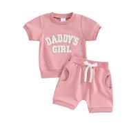 Carolilly 2Pcs Baby Girl Spring Summer Outfits Clothing Sets Daddy's Girl Fuzzy Letter Embroidery Short Sleeve Tops+ Shorts Set Toddler Clothes Sets (Pink, 18-24 Months)