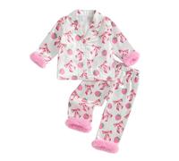 Carolilly 2Pcs Baby Girls Pyjama Sets Kids Pjs Feather Trim Long Sleeve Strawberry Bow Print Button up Shirt + Elastic Waist Pants Sleepwear Toddler Loungewear Sets (Pink, 12_months-24_months)