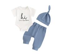 Carolilly 3 Pcs Newborn Baby Boy Coming Home Outfit, Short Sleeve Letters Embroidered Bodysuit + Trousers + Hat (0-6 months) (Blue, 0-3 Months)