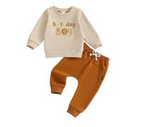 Carolilly Baby Boys Birthday Outfits Long Sleeve Sweatshirts Tops Pullover Dinosaur/Animal/Planet Embroidery with Sweatpants Sets 2Pcs Toddler Boys Tracksuits Birthday Gift (Khaki, 12-18 Months)