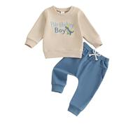 Carolilly Baby Boys Birthday Outfits Long Sleeve Sweatshirts Tops Pullover Dinosaur/Animal/Planet Embroidery with Sweatpants Sets 2Pcs Toddler Boys Tracksuits Birthday Gift (Beige, 12-18 Months)