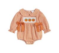 Carolilly Baby Girls Halloween Outfits Infant Pumpkin Embroidery Plaid Rompers Newborn Long Sleeve Doll Collar Bowknot Bodysuits Toddler Halloween Clothes for Girls (Orange, 0-3 Months)