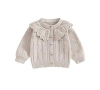 Carolilly Baby Girls Knitted Cardigan Sweater Doll Collar Crochet Button Closure Cardigan Outerwear Baby Girls Autumn Winter Knit Sweater Long Sleeve Flower Embroidery (Apricot, 12-18 Months)