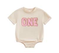 Carolilly Baby‘s Lovely Short Sleeve First Birthday Bodysuit with Embroidery Letters ONE Printed (Apricot, 12-18 Months)