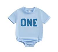 Carolilly Baby‘s Lovely Short Sleeve First Birthday Bodysuit with Embroidery Letters ONE Printed (Blue, 12-18 Months)
