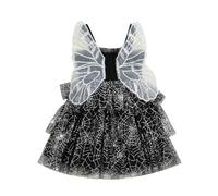 Carolilly Halloween Toddler Girls Princess Tulle Dress Sleeveless Baby Square Neck Smocked A-Line Dress with Wings Halloween Clothes for Kids Girl (Black, 3-4 Years)