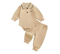 Carolilly Infant Baby Boys Outfits Dinosaur Pattern Long Sleeve Button Down Collar Romper + Elastic Waist Solid Color Pants Sets 2Pcs Newborn Boys Clothing Sets (Apricot, 0-3 Months)