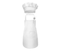 Carolilly Kids Apron and Hat Set, Adjustable Children Kitchen Chef Apron with Pockets + Elastic Band Cooking Cap (3-13 Years) (White, 3-6 Years)