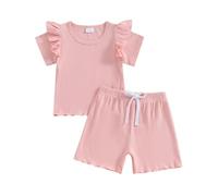 Carolilly Kids Toddler Baby Girls Clothes Solid Color Short Sleeve T-Shirt + Flare Trousers/Shorts Set, Little Girls 2 Pcs Spring Summer Outfits (Pink Short, 2-3 Years)
