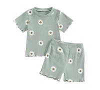 Carolilly Kids Toddler Baby Girls Clothes Solid Color Short Sleeve T-Shirt + Flare Trousers/Shorts Set, Little Girls 2 Pcs Spring Summer Outfits (Green Flower, 2-3 Years)