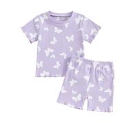 Carolilly Kids Toddler Baby Girls Clothes Solid Color Short Sleeve T-Shirt + Flare Trousers/Shorts Set, Little Girls 2 Pcs Spring Summer Outfits (Purple Butterfly, 3-4 Years)